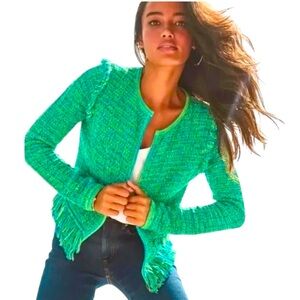 Lilly Pulitzer Sz L Simora Fringe Cardigan Bright Green Exotic Tweed Jacket NWOT